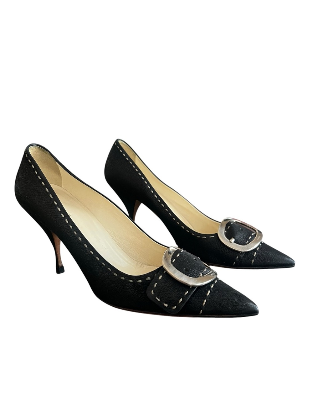 Prada Women’s Vintage Y2K Silver Buckle Black Leather Point Toe Heels Size 40 - Picture 2 of 10